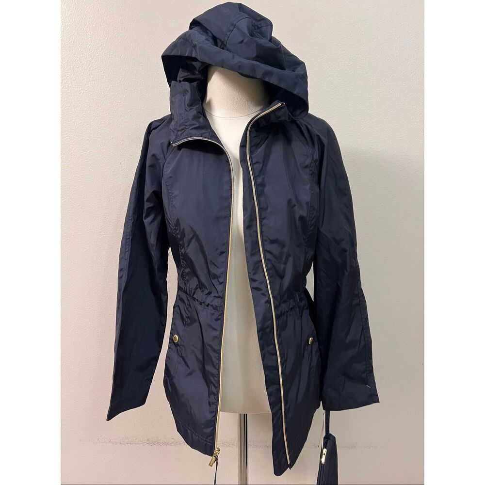 NWT Cole Haan Signature Women's Travel Packable Hooded Rain Jacket Navy Blue XS
